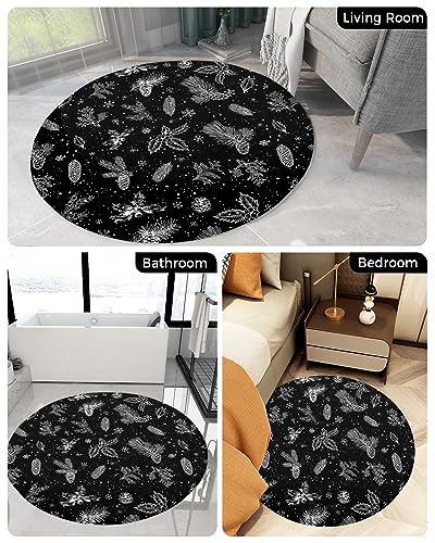 Christmas Flower Fluffy Round Area Rug Carpets 3.3ft, Plush Shaggy Carpet Soft Circular Rugs, Non-Slip Fuzzy Accent Floor Mat for Living Room Bedroom Nursery Decor Black White Pine Tree Leaves Cone