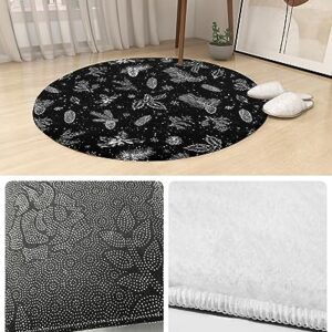 Christmas Flower Fluffy Round Area Rug Carpets 3.3ft, Plush Shaggy Carpet Soft Circular Rugs, Non-Slip Fuzzy Accent Floor Mat for Living Room Bedroom Nursery Decor Black White Pine Tree Leaves Cone