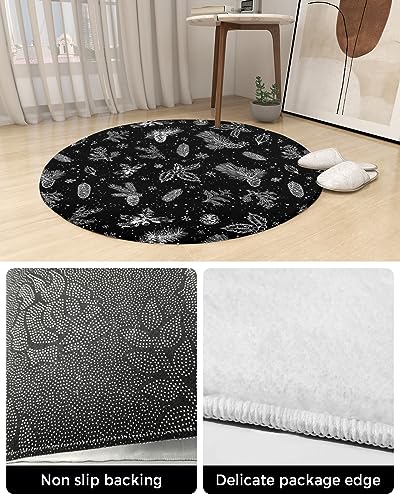 Christmas Flower Fluffy Round Area Rug Carpets 3.3ft, Plush Shaggy Carpet Soft Circular Rugs, Non-Slip Fuzzy Accent Floor Mat for Living Room Bedroom Nursery Decor Black White Pine Tree Leaves Cone