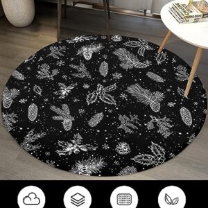 Christmas Flower Fluffy Round Area Rug Carpets 3.3ft, Plush Shaggy Carpet Soft Circular Rugs, Non-Slip Fuzzy Accent Floor Mat for Living Room Bedroom Nursery Decor Black White Pine Tree Leaves Cone