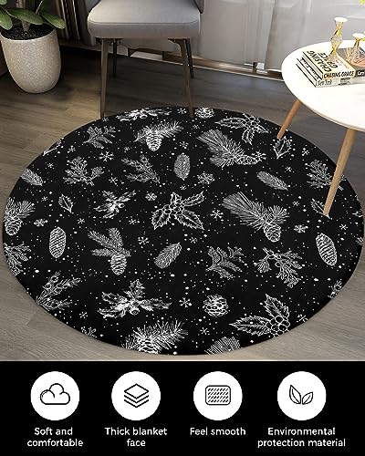 Christmas Flower Fluffy Round Area Rug Carpets 3.3ft, Plush Shaggy Carpet Soft Circular Rugs, Non-Slip Fuzzy Accent Floor Mat for Living Room Bedroom Nursery Decor Black White Pine Tree Leaves Cone