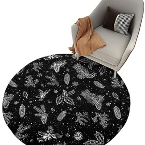 Christmas Flower Fluffy Round Area Rug Carpets 3.3ft, Plush Shaggy Carpet Soft Circular Rugs, Non-Slip Fuzzy Accent Floor Mat for Living Room Bedroom Nursery Decor Black White Pine Tree Leaves Cone