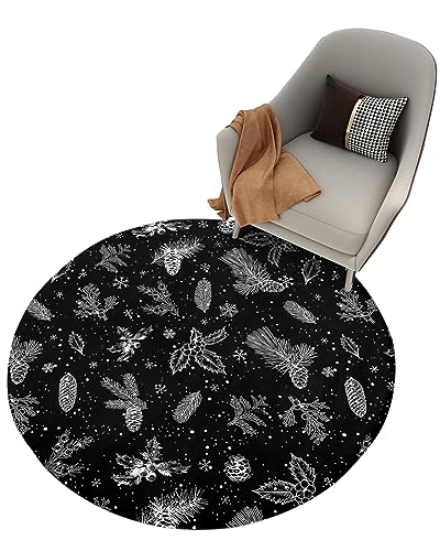 Christmas Flower Fluffy Round Area Rug Carpets 3.3ft, Plush Shaggy Carpet Soft Circular Rugs, Non-Slip Fuzzy Accent Floor Mat for Living Room Bedroom Nursery Decor Black White Pine Tree Leaves Cone