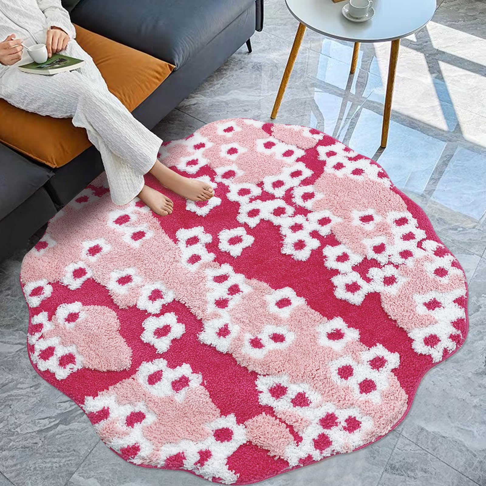 USTIDE Moss Area Rug, Floral Shape Area Rugs Super Fluffy and Washable Carpet Anti-Slip Round Farmhouse Floor Mat Multi-Colored Rug for Bedroom Playroom Kitchen Decor (Pink,39.3’’)