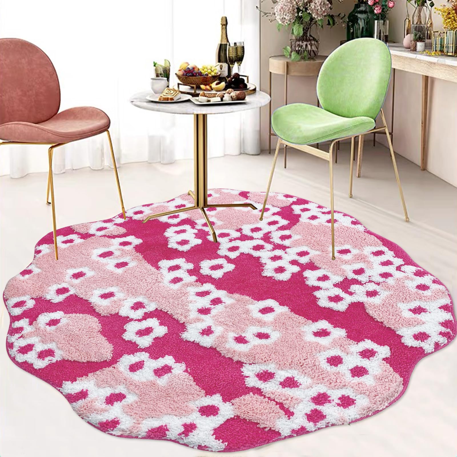 USTIDE Moss Area Rug, Floral Shape Area Rugs Super Fluffy and Washable Carpet Anti-Slip Round Farmhouse Floor Mat Multi-Colored Rug for Bedroom Playroom Kitchen Decor (Pink,39.3’’)