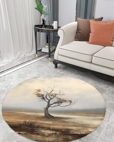 Tree Branches Fluffy Round Area Rug Carpets 4ft, Plush Shaggy Carpet Soft Circular Rugs, Non-Slip Fuzzy Accent Floor Mat for Living Room Bedroom Nursery Decor Wild Leaves Forest Abstract Painted Art