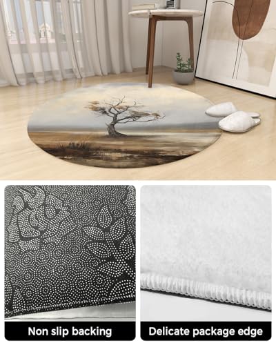 Tree Branches Fluffy Round Area Rug Carpets 4ft, Plush Shaggy Carpet Soft Circular Rugs, Non-Slip Fuzzy Accent Floor Mat for Living Room Bedroom Nursery Decor Wild Leaves Forest Abstract Painted Art