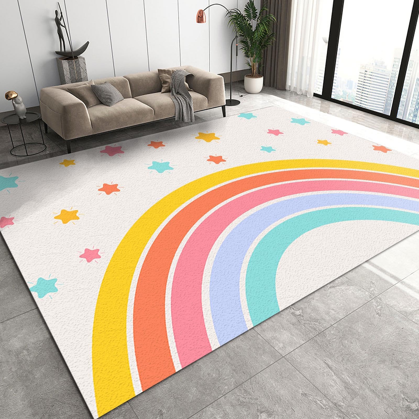 BOWESI Area Rugs 3x5ft, Modern Cartoon Art Kids Rugs, Cute Nordic Rainbow Stars Princess Room Bedroom Rug, Fluffy Soft for Decor Teen Boys Room Floor Lounge Nursery