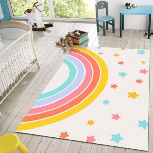 BOWESI Area Rugs 3x5ft, Modern Cartoon Art Kids Rugs, Cute Nordic Rainbow Stars Princess Room Bedroom Rug, Fluffy Soft for Decor Teen Boys Room Floor Lounge Nursery