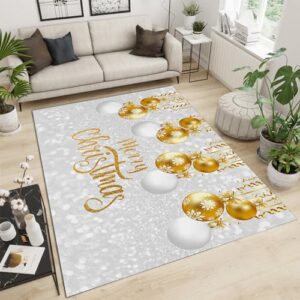 BOWESI Area Rugs 5x6ft, Golden Christmas Tree Decoration Balls Kids Rugs, Merry Christmas On Gray Background Princess Room Bedroom Rug, Fluffy Soft for Decor Teen Boys Room Lounge Nursery