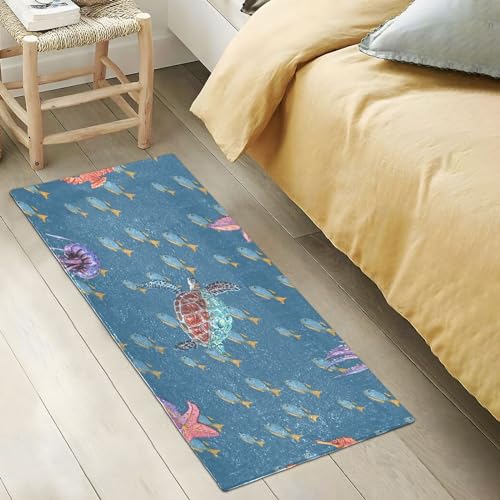 Fluffy Floor Carpet-Turtle Jellyfish Seahorsefish Starfish,39x20in Front Door Mat Indoor Machine Washable Carpet,Aesthetic Rug