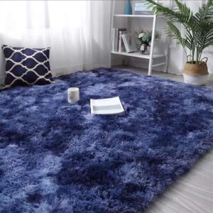 reyox fluffy soft geometric area rug, plush shaggy carpet for for living room bedroom home décor tie dye navy blue 6.6 x 8.2 feet