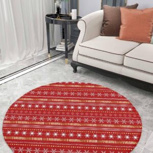 Christmas Fluffy Round Area Rug Carpets 3.3ft, Plush Shaggy Carpet Soft Circular Rugs, Non-Slip Fuzzy Accent Floor Mat for Living Room Bedroom Nursery Home Decor Boho Red Gold Geometric Stripes Dots