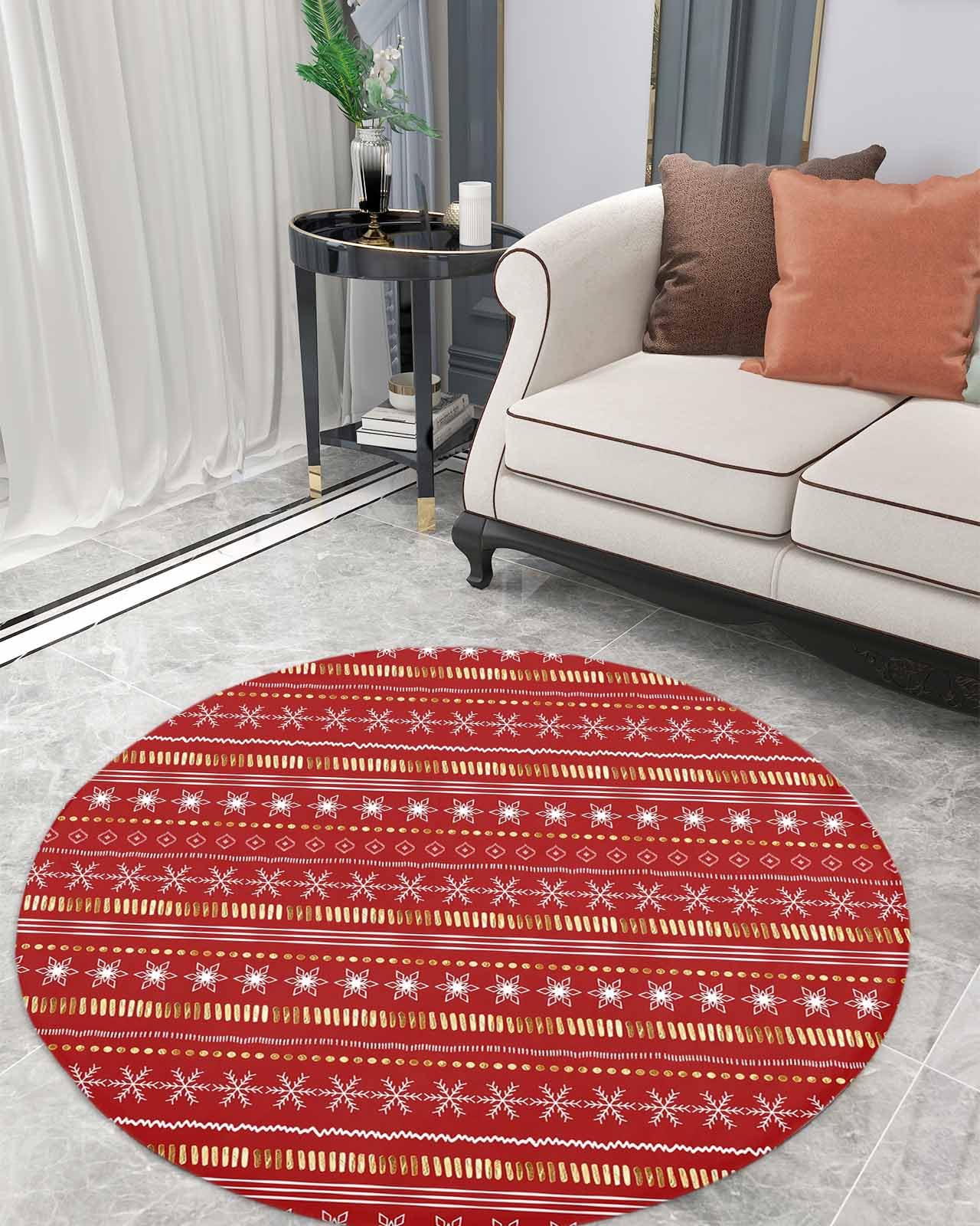 Christmas Fluffy Round Area Rug Carpets 3.3ft, Plush Shaggy Carpet Soft Circular Rugs, Non-Slip Fuzzy Accent Floor Mat for Living Room Bedroom Nursery Home Decor Boho Red Gold Geometric Stripes Dots