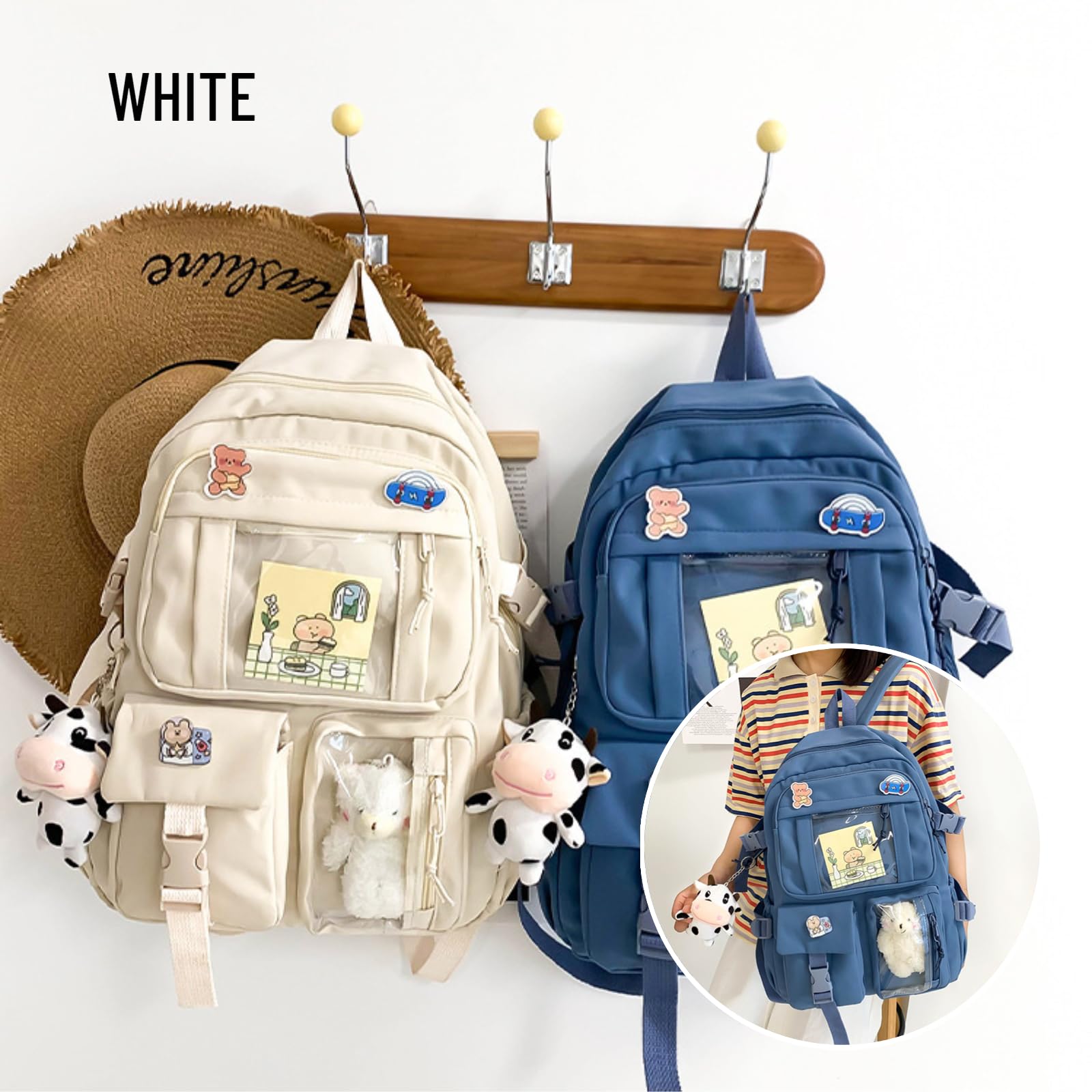 srdmuph Kawaii Backpack with Cute Accessories Pin Pendant Travel Laptop Bag Large Outdoor Waterproof Casual Daypack Women (White)