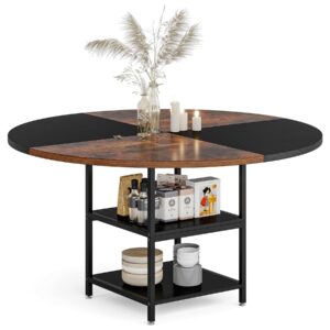 tribesigns 47 inch round dining table for 4, wood kitchen table large dinner table with storage shelf metal legs for home dining room living room, black rustic brown(only table)