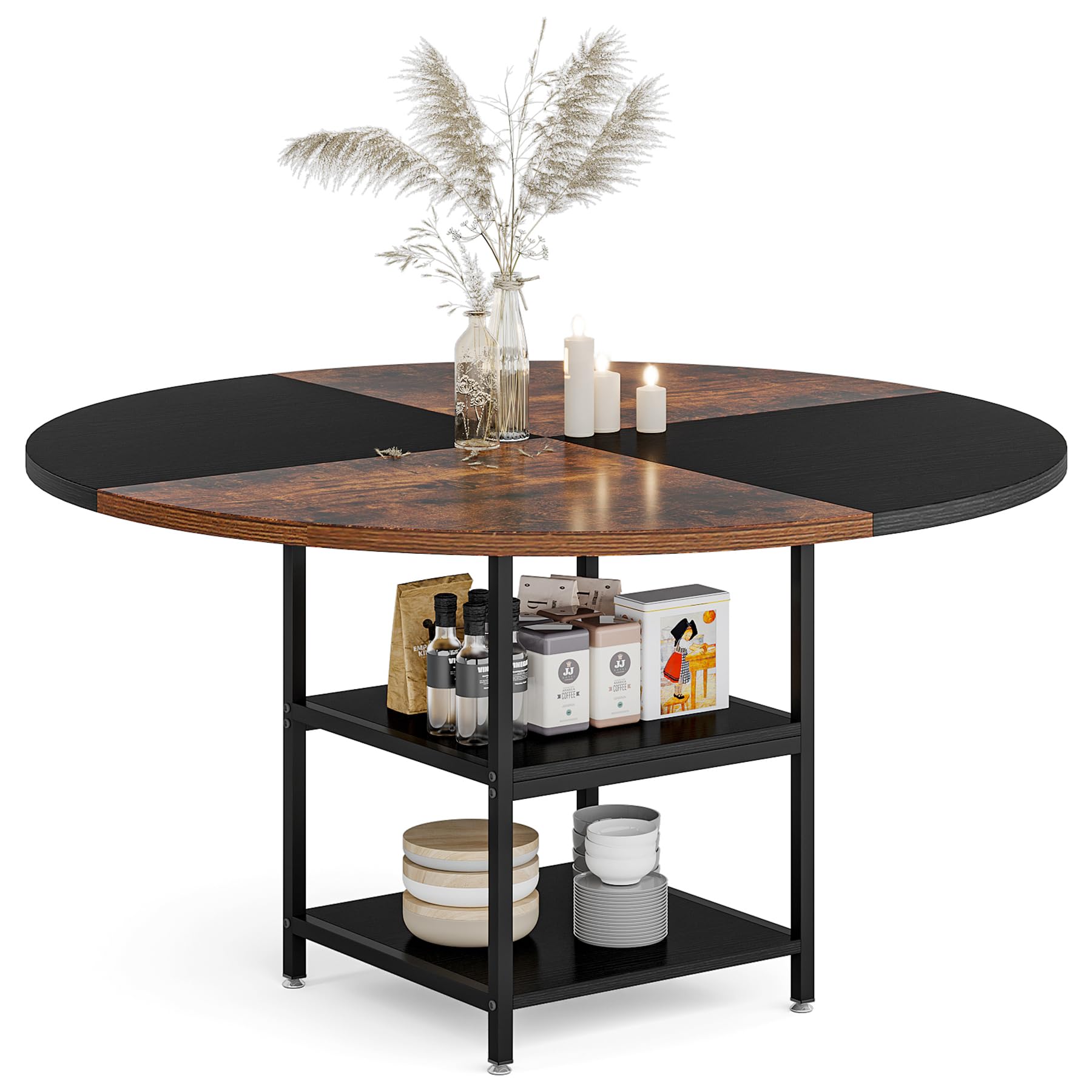 Tribesigns 47 inch Round Dining Table for 4, Wood Kitchen Table Large Dinner Table with Storage Shelf Metal Legs for Home Dining Room Living Room, Black Rustic Brown(Only Table)