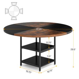 Tribesigns 47 inch Round Dining Table for 4, Wood Kitchen Table Large Dinner Table with Storage Shelf Metal Legs for Home Dining Room Living Room, Black Rustic Brown(Only Table)