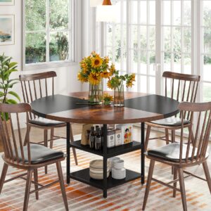 Tribesigns 47 inch Round Dining Table for 4, Wood Kitchen Table Large Dinner Table with Storage Shelf Metal Legs for Home Dining Room Living Room, Black Rustic Brown(Only Table)