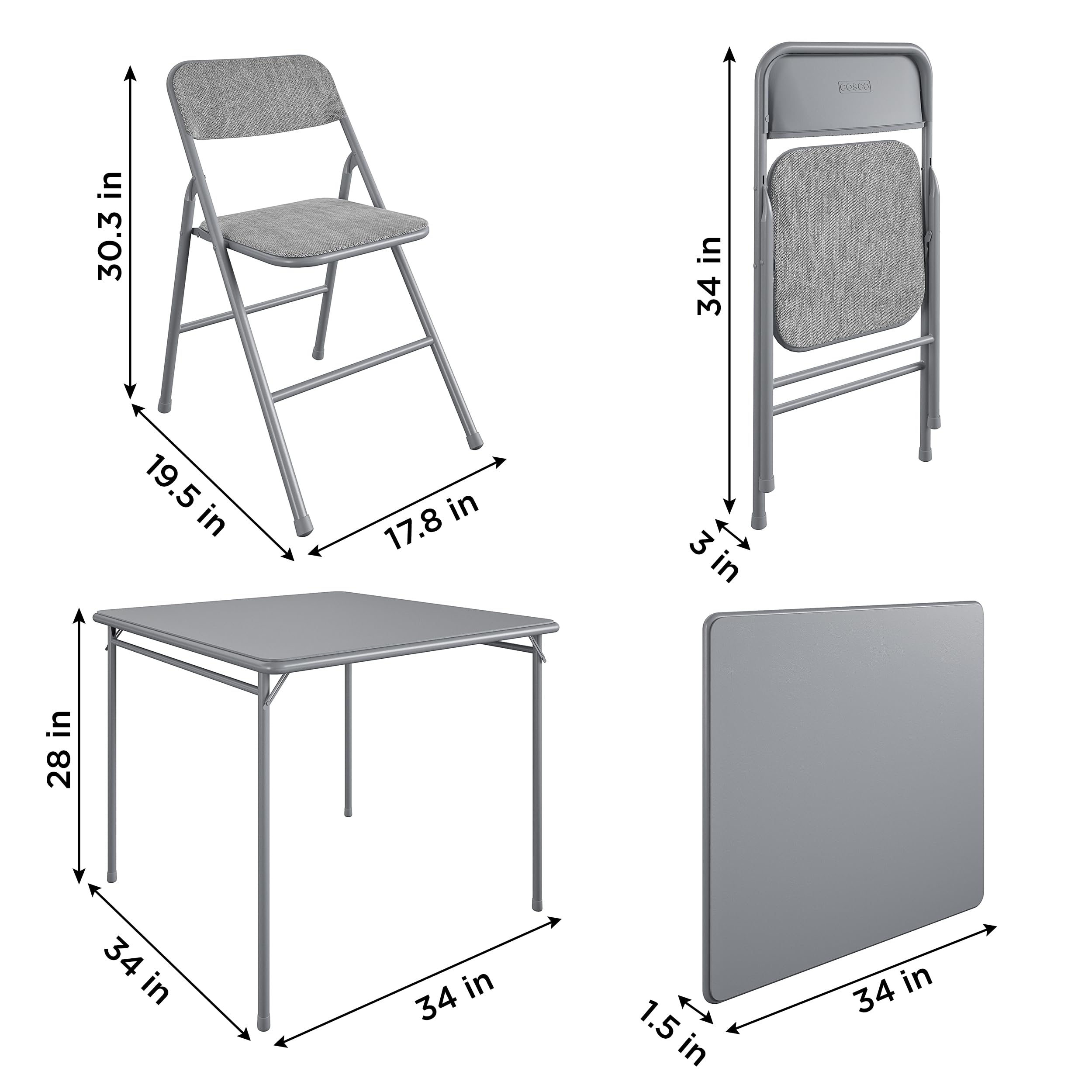 CoscoProducts COSCO Premium 5-Piece Dining Set, with 34" Vinyl Top Card Table and 4 Fabric Padded Seat & Back Folding Chairs, Gray