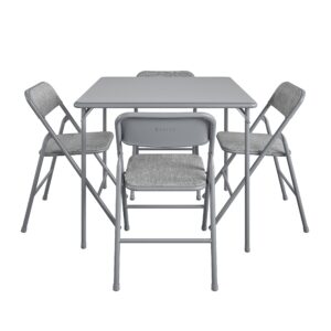 CoscoProducts COSCO Premium 5-Piece Dining Set, with 34" Vinyl Top Card Table and 4 Fabric Padded Seat & Back Folding Chairs, Gray