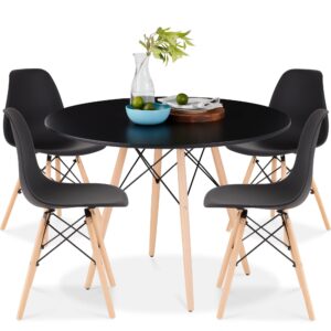 best choice products 5-piece dining set, compact mid-century modern table & chair set for home, apartment w/ 4 chairs, plastic seats, wooden legs, metal frame - black/oak