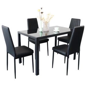 ELRINA Super Stable Dining Table Set for 4, 5-Piece Kitchen Table and Chairs for 4, Modern Glass Dining Room Table & PU Leather Metal Chairs, Kitchen Table Set for Small Spaces, Breakfast Nook, Black