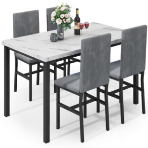 hooseng dining table set for 4, modern kitchen table and chairs set of 4, space saving 5 piece dining room table set with faux marble top and upholstered velvet chairs for small space, apartment, grey