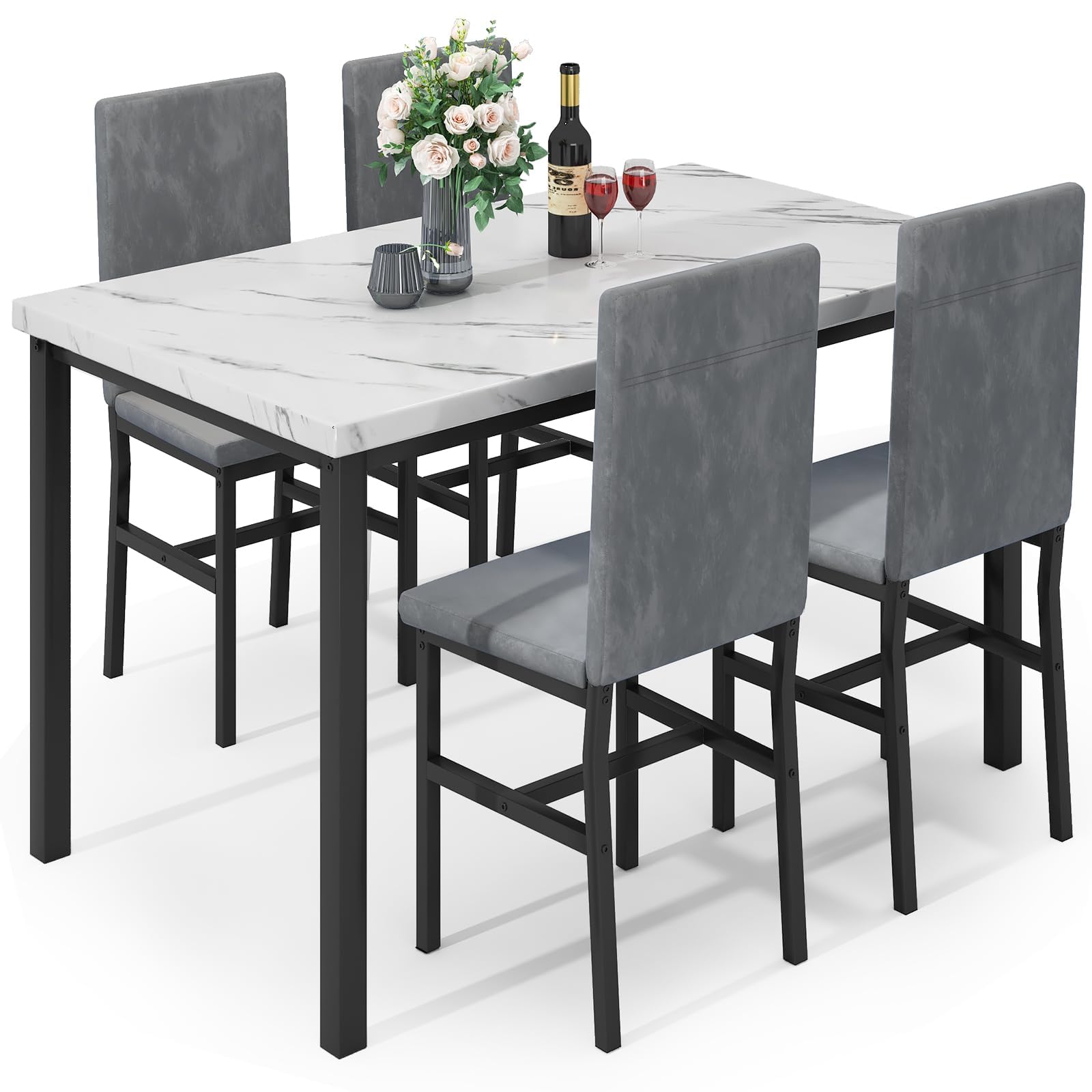 Hooseng Dining Table Set for 4, Modern Kitchen Table and Chairs Set of 4, Space Saving 5 Piece Dining Room Table Set with Faux Marble Top and Upholstered Velvet Chairs for Small Space, Apartment, Grey