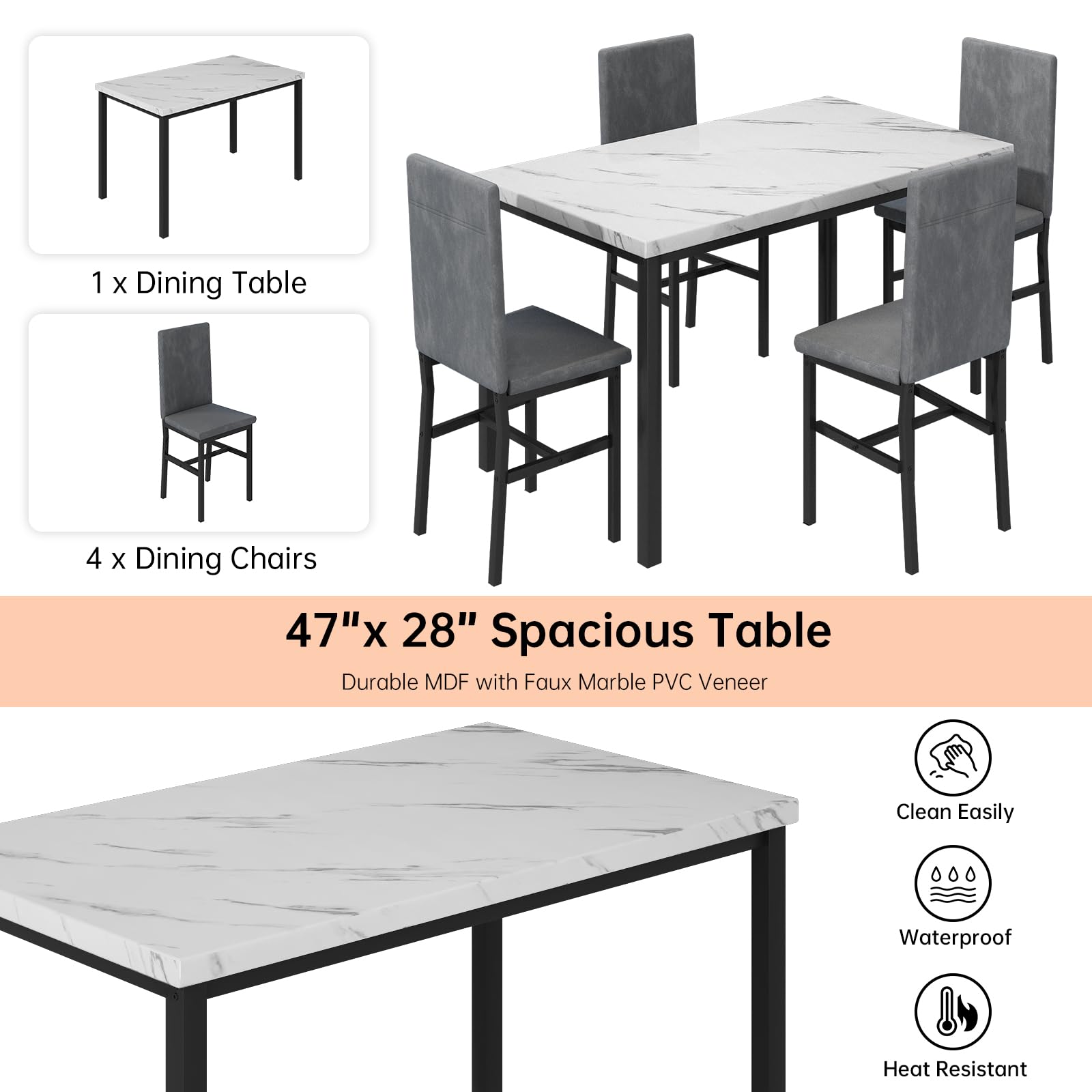 Hooseng Dining Table Set for 4, Modern Kitchen Table and Chairs Set of 4, Space Saving 5 Piece Dining Room Table Set with Faux Marble Top and Upholstered Velvet Chairs for Small Space, Apartment, Grey