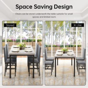 Hooseng Dining Table Set for 4, Modern Kitchen Table and Chairs Set of 4, Space Saving 5 Piece Dining Room Table Set with Faux Marble Top and Upholstered Velvet Chairs for Small Space, Apartment, Grey