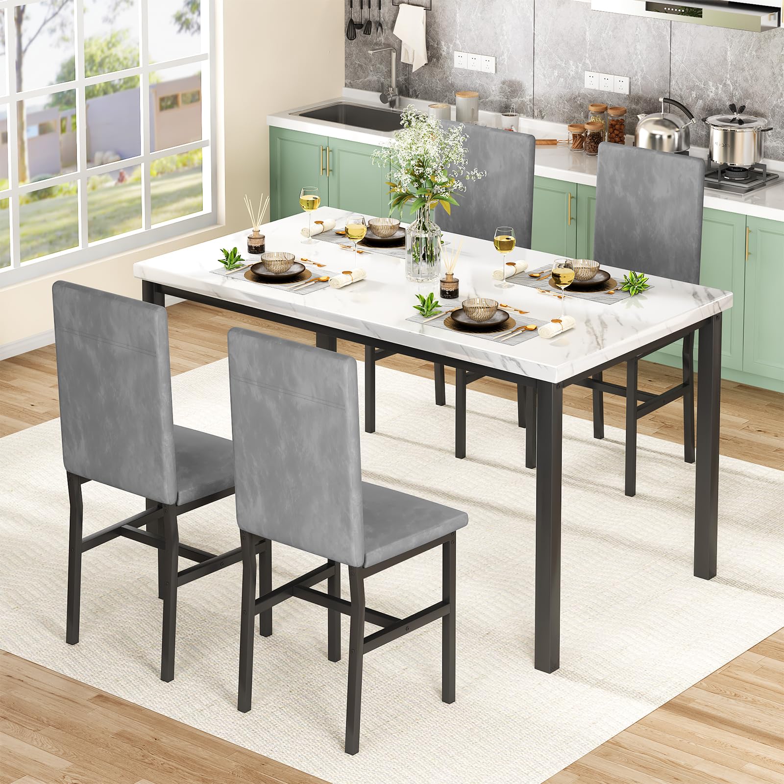 Hooseng Dining Table Set for 4, Modern Kitchen Table and Chairs Set of 4, Space Saving 5 Piece Dining Room Table Set with Faux Marble Top and Upholstered Velvet Chairs for Small Space, Apartment, Grey