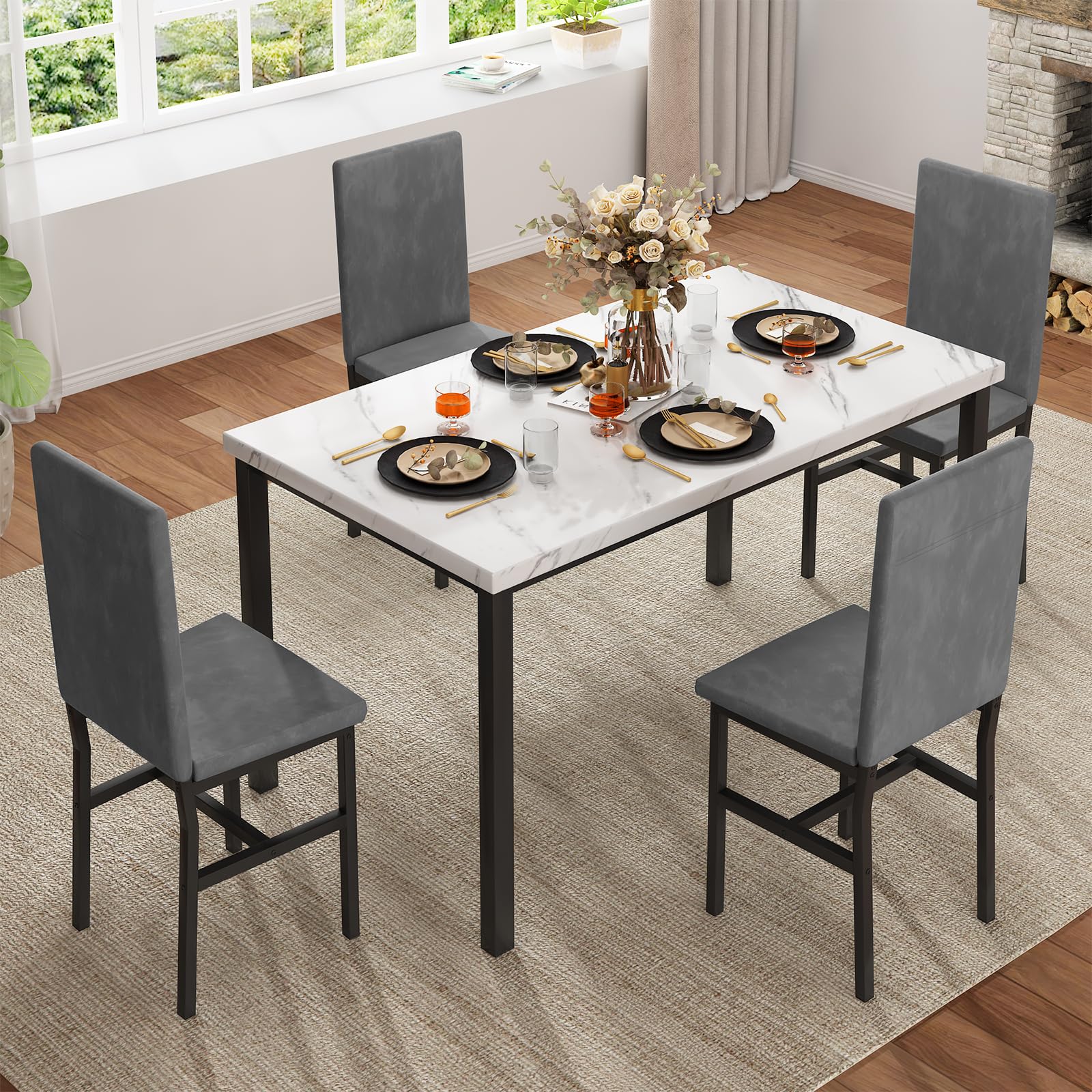 Hooseng Dining Table Set for 4, Modern Kitchen Table and Chairs Set of 4, Space Saving 5 Piece Dining Room Table Set with Faux Marble Top and Upholstered Velvet Chairs for Small Space, Apartment, Grey