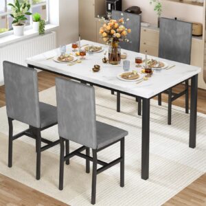 Hooseng Dining Table Set for 4, Modern Kitchen Table and Chairs Set of 4, Space Saving 5 Piece Dining Room Table Set with Faux Marble Top and Upholstered Velvet Chairs for Small Space, Apartment, Grey