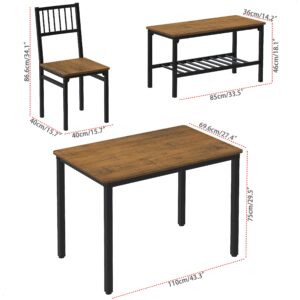 Teraves Dining Table Set for 4/Computer Desk,Kitchen Table with 2 Chairs and a Bench,Table and Chairs Dining Room Set 4 Piece Set for Dining Room (Teak, 110CM)/ 43.31"