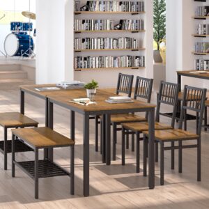 Teraves Dining Table Set for 4/Computer Desk,Kitchen Table with 2 Chairs and a Bench,Table and Chairs Dining Room Set 4 Piece Set for Dining Room (Teak, 110CM)/ 43.31"