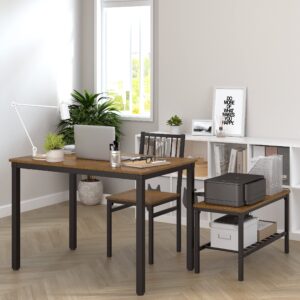 Teraves Dining Table Set for 4/Computer Desk,Kitchen Table with 2 Chairs and a Bench,Table and Chairs Dining Room Set 4 Piece Set for Dining Room (Teak, 110CM)/ 43.31"