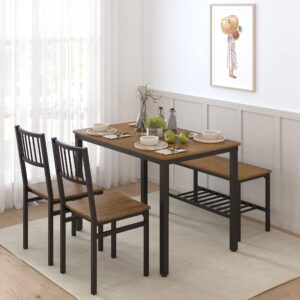 Teraves Dining Table Set for 4/Computer Desk,Kitchen Table with 2 Chairs and a Bench,Table and Chairs Dining Room Set 4 Piece Set for Dining Room (Teak, 110CM)/ 43.31"