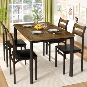 DKLGG Dining Table Set for 4, 43.3" Dining Room Table with 4 Upholstered PU Leather Chairs, Modern Wood Kitchen Table and Chairs Set, 5-Piece Dinette Set for Breakfast Nook, Small Places, Brown