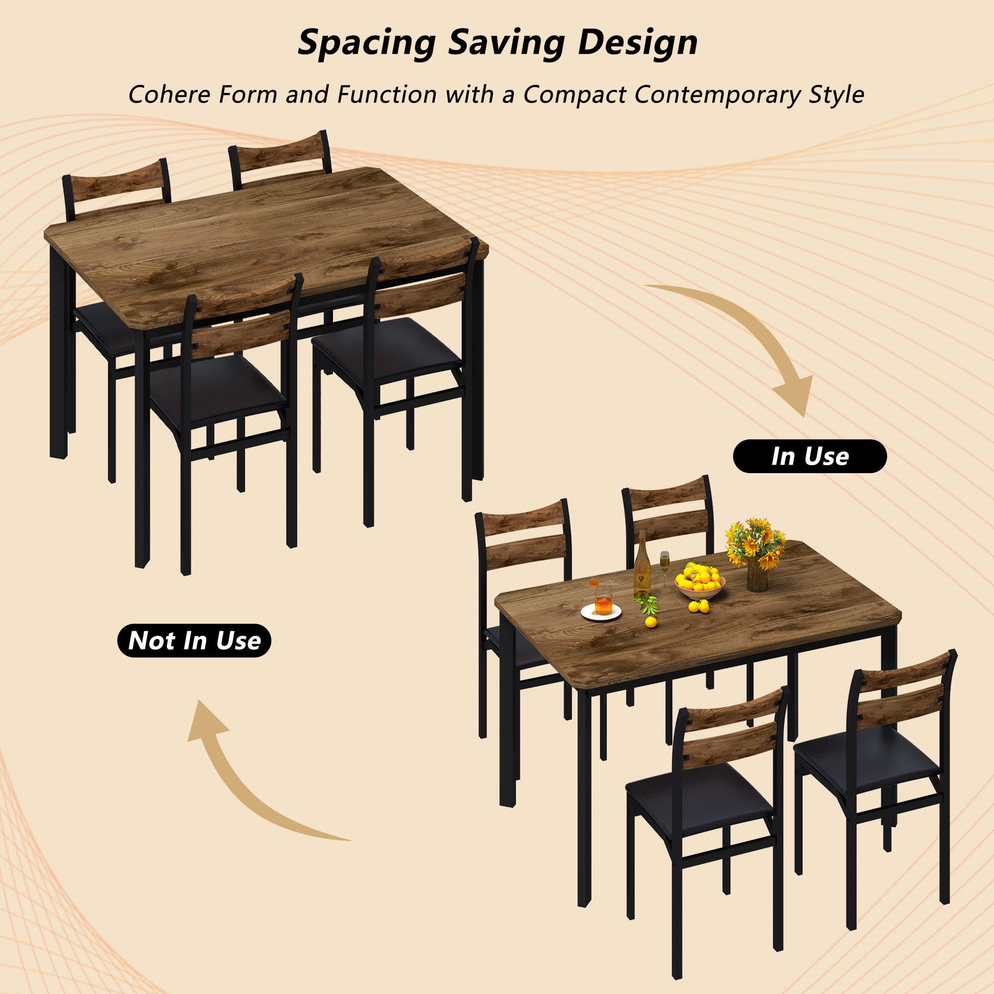 DKLGG Dining Table Set for 4, 43.3" Dining Room Table with 4 Upholstered PU Leather Chairs, Modern Wood Kitchen Table and Chairs Set, 5-Piece Dinette Set for Breakfast Nook, Small Places, Brown