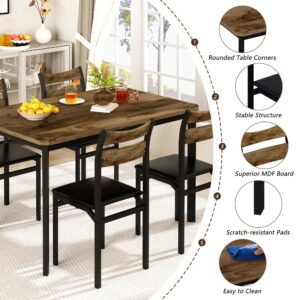 DKLGG Dining Table Set for 4, 43.3" Dining Room Table with 4 Upholstered PU Leather Chairs, Modern Wood Kitchen Table and Chairs Set, 5-Piece Dinette Set for Breakfast Nook, Small Places, Brown