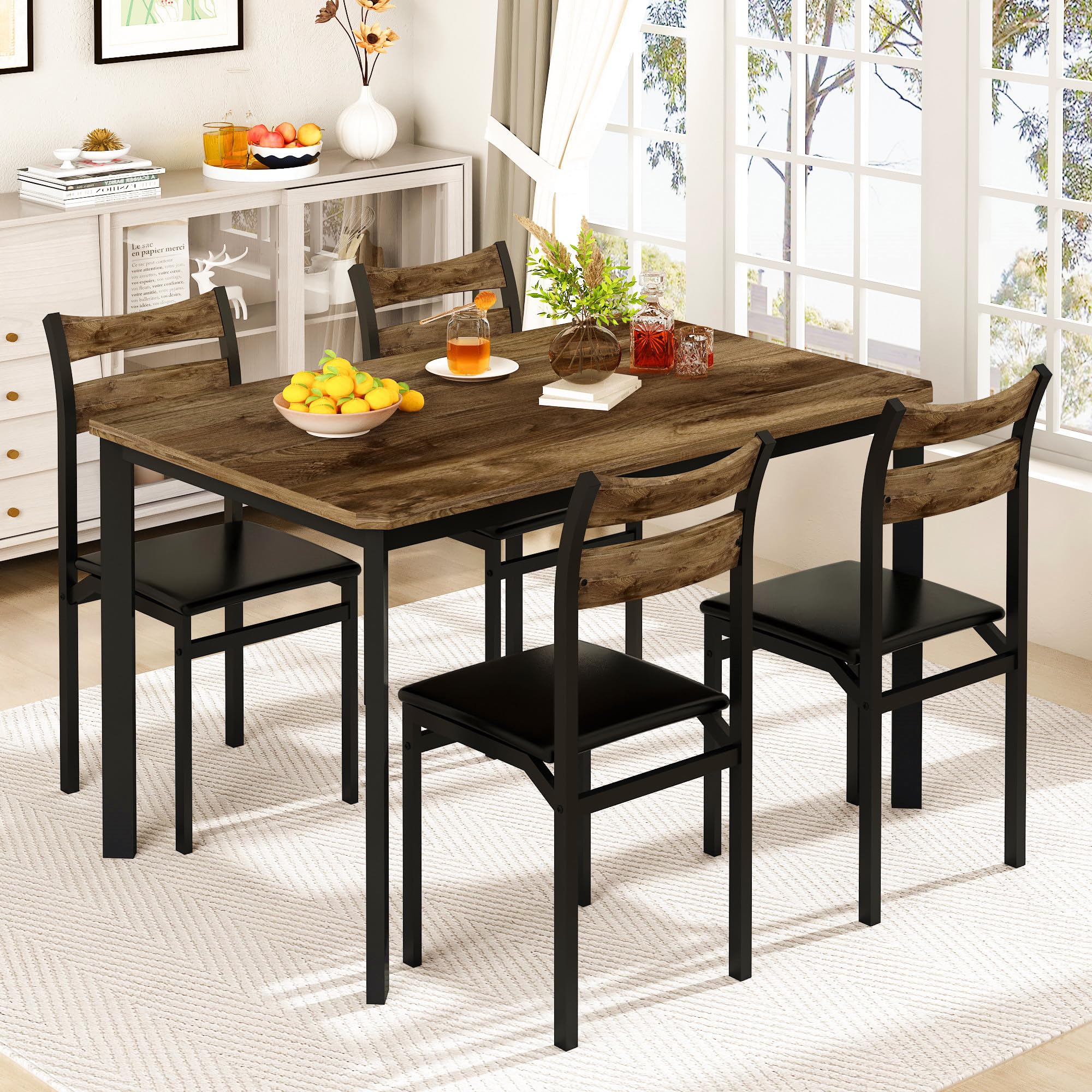 DKLGG Dining Table Set for 4, 43.3" Dining Room Table with 4 Upholstered PU Leather Chairs, Modern Wood Kitchen Table and Chairs Set, 5-Piece Dinette Set for Breakfast Nook, Small Places, Brown