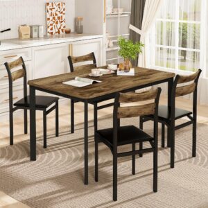 DKLGG Dining Table Set for 4, 43.3" Dining Room Table with 4 Upholstered PU Leather Chairs, Modern Wood Kitchen Table and Chairs Set, 5-Piece Dinette Set for Breakfast Nook, Small Places, Brown