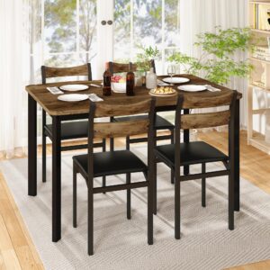 DKLGG Dining Table Set for 4, 43.3" Dining Room Table with 4 Upholstered PU Leather Chairs, Modern Wood Kitchen Table and Chairs Set, 5-Piece Dinette Set for Breakfast Nook, Small Places, Brown