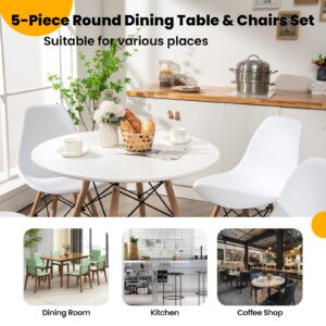 Tangkula Round Dining Table Set for 4, Kitchen Table Set with Seat & Solid Wood Legs, Round Kitchen Table and Chairs for Small Space, White