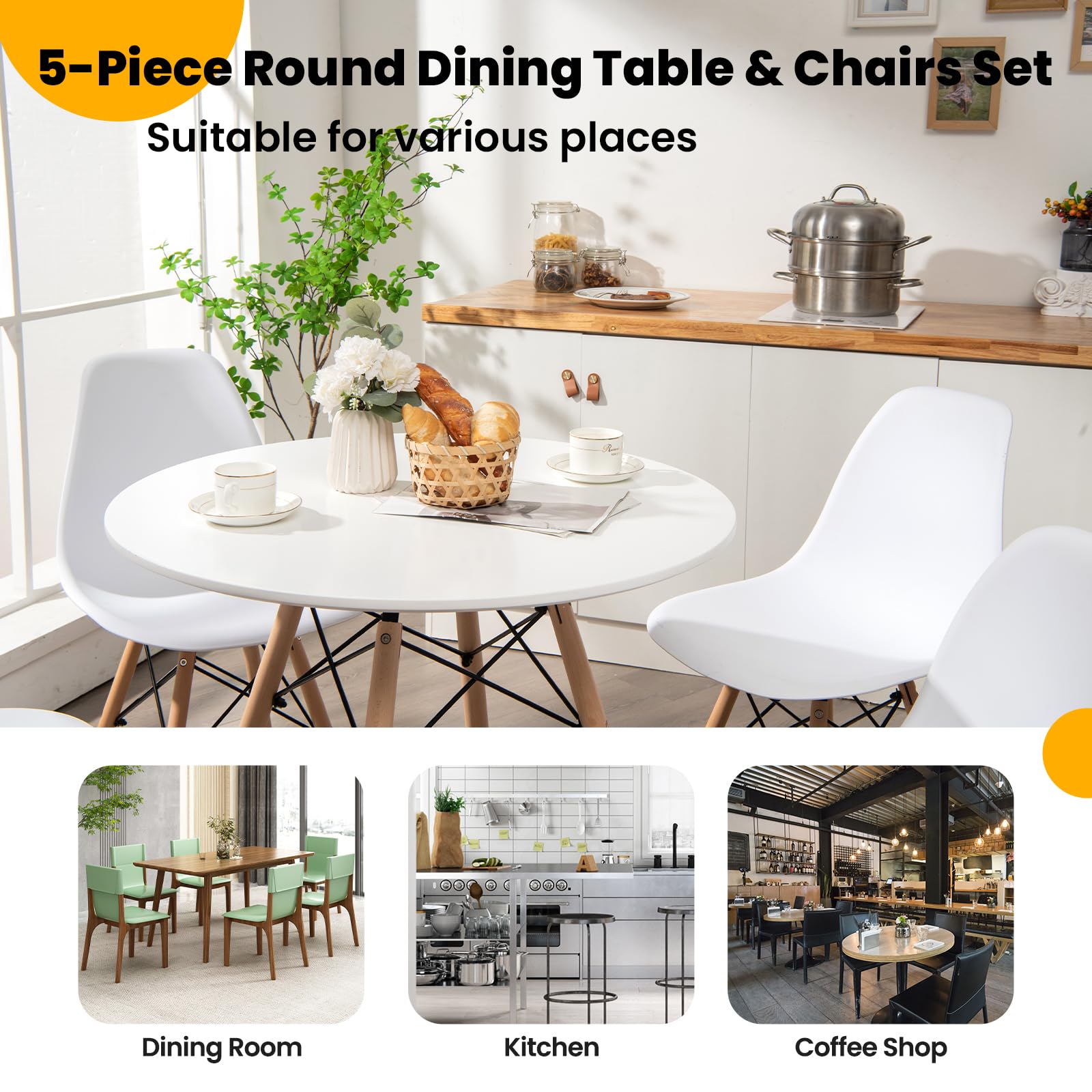 Tangkula Round Dining Table Set for 4, Kitchen Table Set with Seat & Solid Wood Legs, Round Kitchen Table and Chairs for Small Space, White