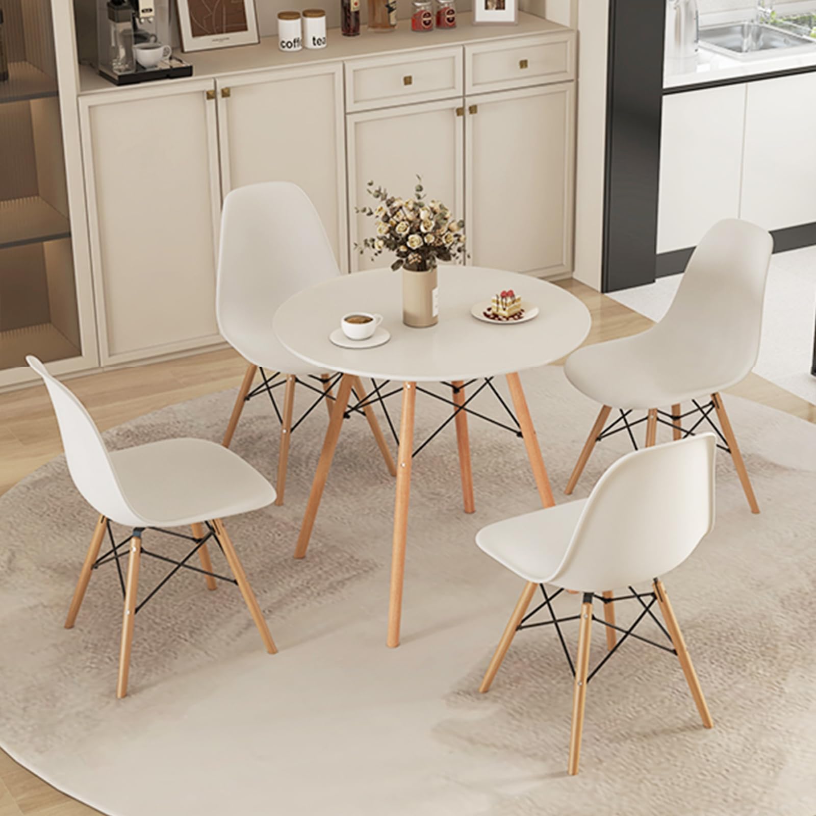 Tangkula Round Dining Table Set for 4, Kitchen Table Set with Seat & Solid Wood Legs, Round Kitchen Table and Chairs for Small Space, White