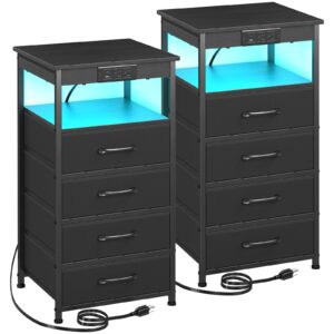 LOAKEKEL Night Stand Set 2, Tall Nightstand with Charging Station, LED End Tables with USB C Ports and 2 Outlets, Bedside Table with 4 Fabric Drawers, Dresser for Bedroom, Black, HNS024BK