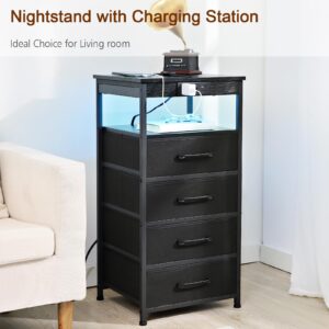LOAKEKEL Night Stand Set 2, Tall Nightstand with Charging Station, LED End Tables with USB C Ports and 2 Outlets, Bedside Table with 4 Fabric Drawers, Dresser for Bedroom, Black, HNS024BK