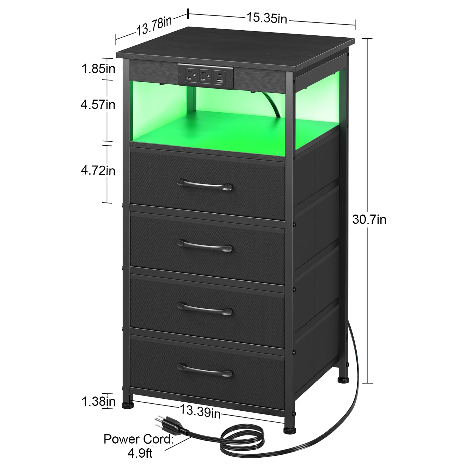 LOAKEKEL Night Stand Set 2, Tall Nightstand with Charging Station, LED End Tables with USB C Ports and 2 Outlets, Bedside Table with 4 Fabric Drawers, Dresser for Bedroom, Black, HNS024BK